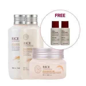 THE FACE SHOP Hydrating & Brightening Rice Ceramide Trio | 3-Step Korean Skincare Set for Bright, Soft & Hydrated Skin | FREE Pomegranate &