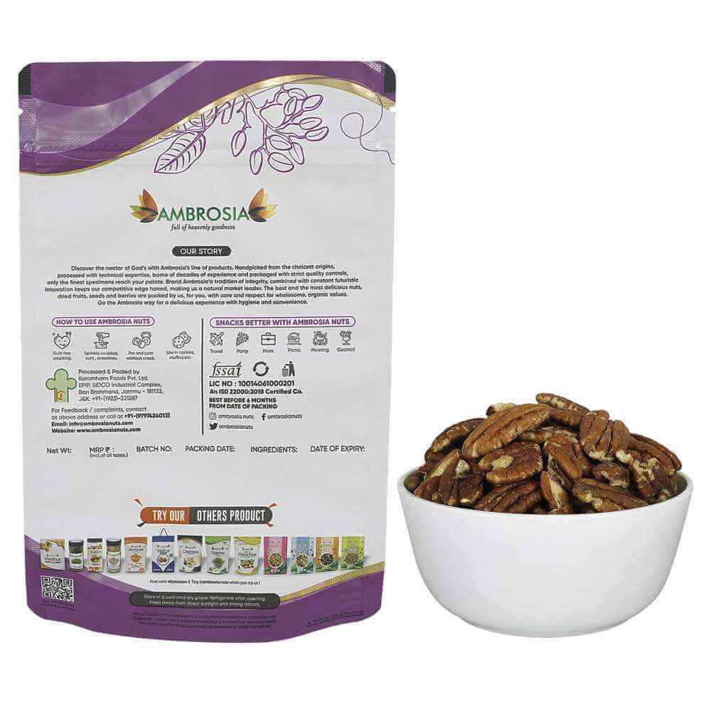 Ambrosia jumbo pecan nuts rich in protein in a bowl, showcasing premium quality and nutritional benefits.