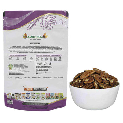 Ambrosia jumbo pecan nuts rich in protein in a bowl, showcasing premium quality and nutritional benefits.