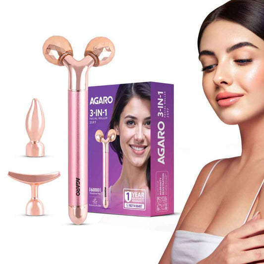 Agaro 3 In 1 3D Face Roller 2597 Rose Gold Facial Massage Tool For Firming Lifting And Toning (1pc)
