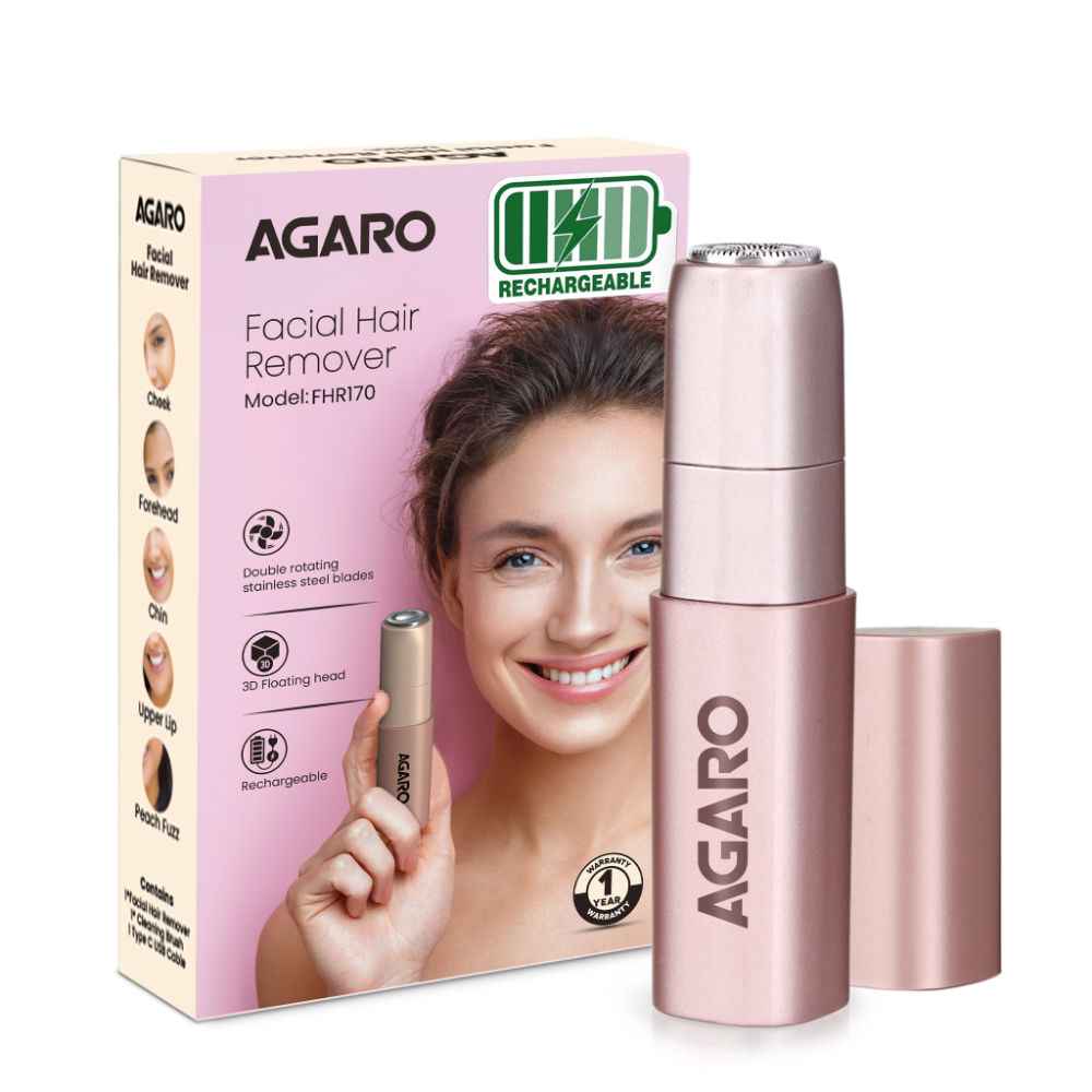 AGARO Facial Hair Remover FHR170, Rechargeable Painless Hair Remover, 3D Floating Head, Rose Gold (49g)
