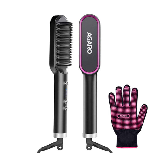 AGARO Hair Straightening Brush for Women | Fast Heating, Ionic Care, 5 Heat Settings, Black (1 pieces)