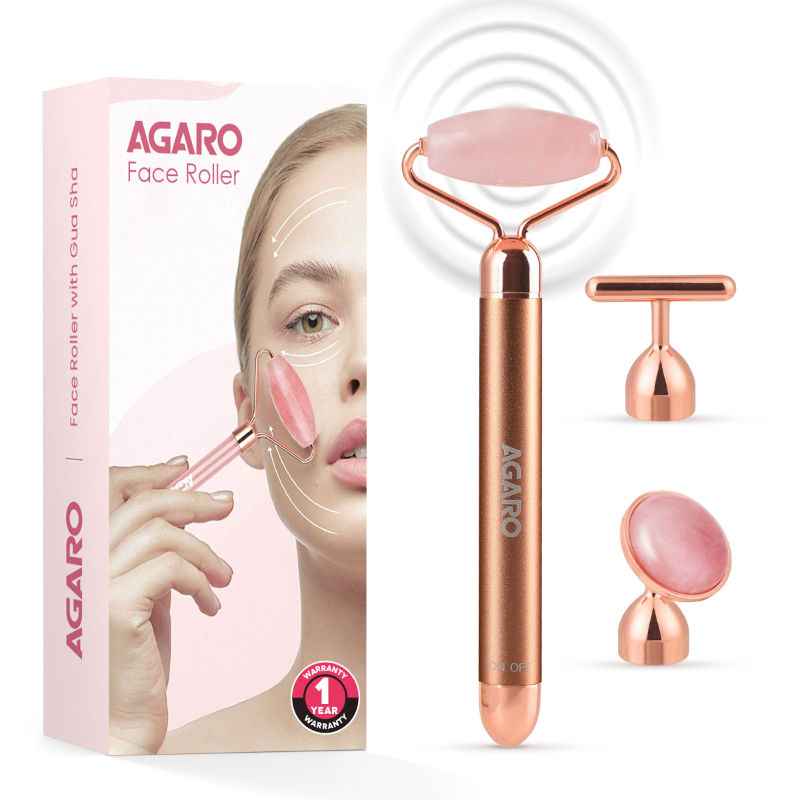 AGARO 4-in-1 Electric Rose Quartz Face Roller & Gua Sha, Anti-Aging Facial Massager, Rose Gold (1 pieces)