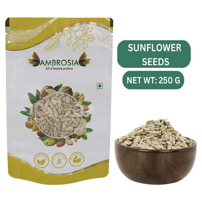 Pack of raw unroasted sunflower seeds 250g from Ambrosia with a bowl of seeds.