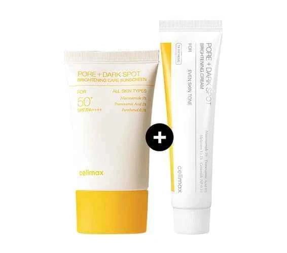 CELIMAX Skin Brightening Duo | Pore + Dark Spot Brightening Sunscreen SPF50+ + Brightening Cream | 4-in-1 Defense & Renewal | 24-Hour Glow & Repair Set