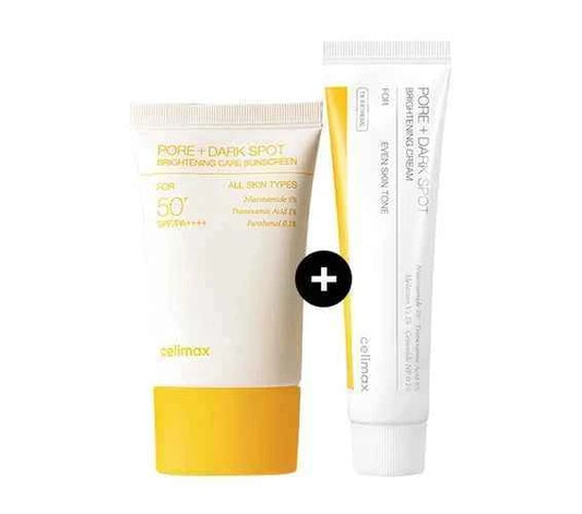 CELIMAX Skin Brightening Duo | Pore + Dark Spot Brightening Sunscreen SPF50+ + Brightening Cream | 4-in-1 Defense & Renewal | 24-Hour Glow & Repair Set
