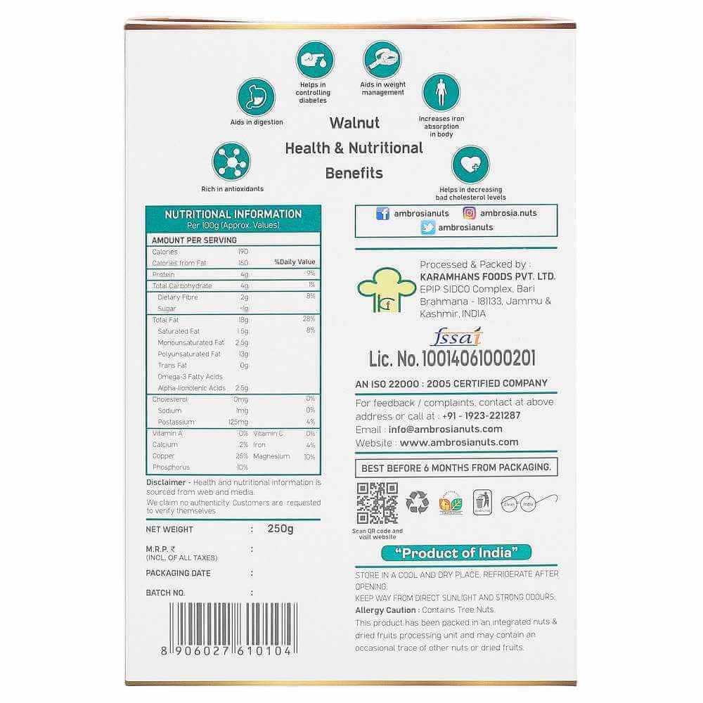 Ambrosia Kashmiri Walnut Kernels Brown Halves 250g